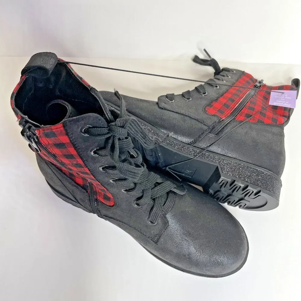 MIA Kids Boots Youth Girls 3 Kissia Side Zip Combat Black & Red Plaid‎ Holiday